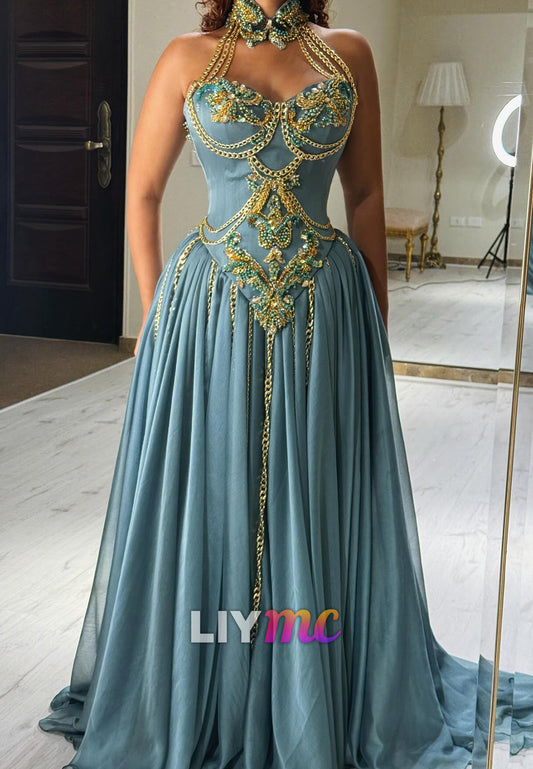 Halter Sweetheart Appliques Pleated A-Line Prom Dress