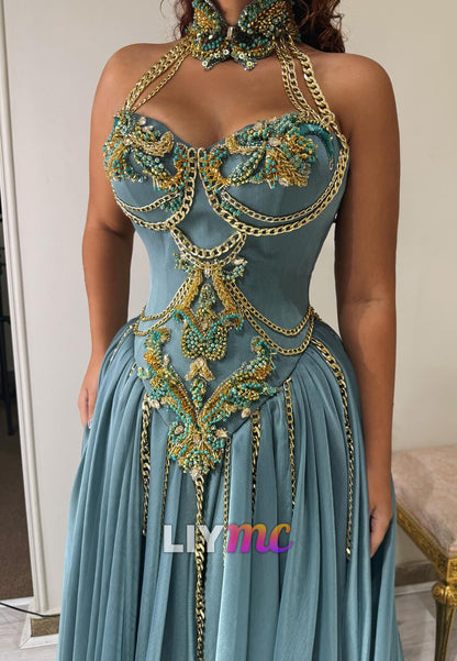 Halter Sweetheart Appliques Pleated A-Line Prom Dress