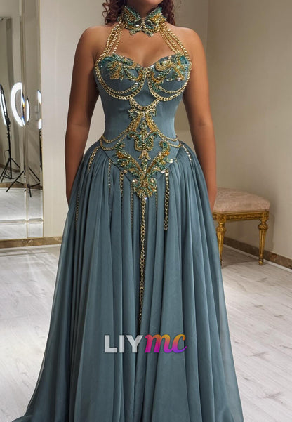 Halter Sweetheart Appliques Pleated A-Line Prom Dress