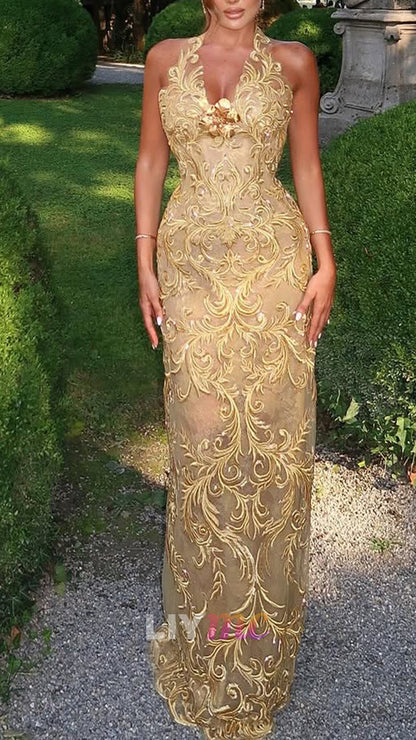 Halter V-Neck Appliques Mermaid Gold Evening Dress