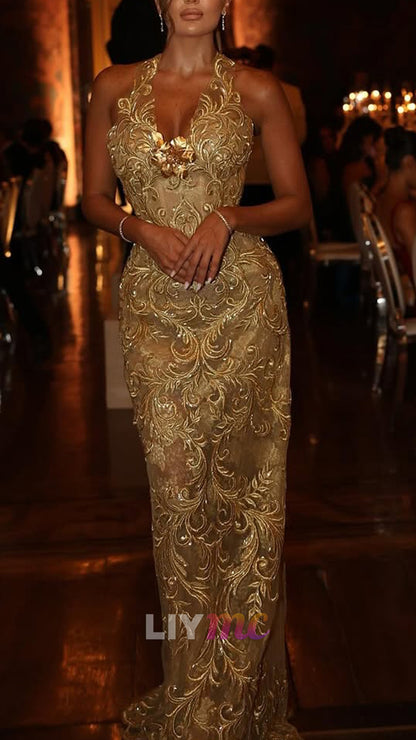 Halter V-Neck Appliques Mermaid Gold Evening Dress