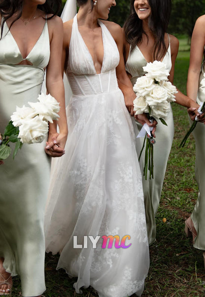 Halter V-Neck Appliques Sleeveless A-Line Wedding Dress