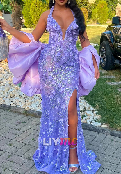 Halter V-Neck Beaded Embroidery Floral Appliques Sheath Prom Dress