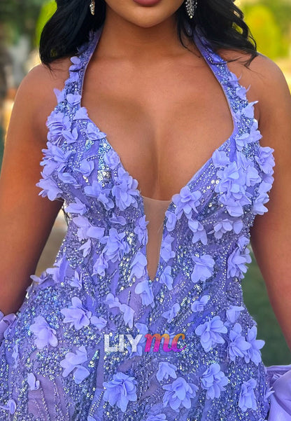 Halter V-Neck Beaded Embroidery Floral Appliques Sheath Prom Dress