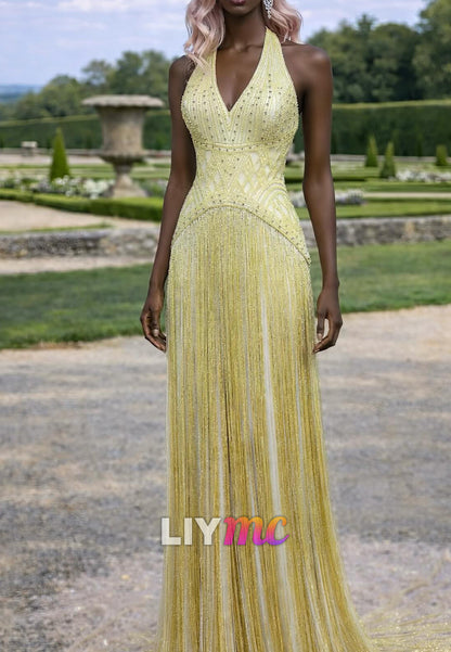 Halter V-Neck Beaded Fringe A-Line Sparkly Prom Dress