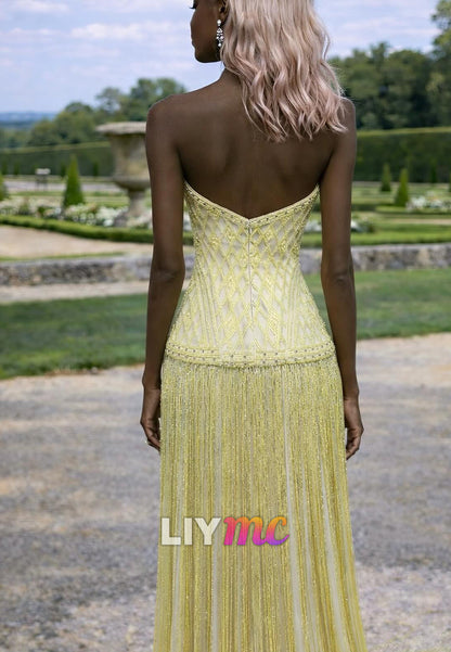 Halter V-Neck Beaded Fringe A-Line Sparkly Prom Dress