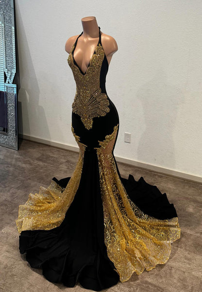 Halter V-Neck Beaded Gold Black Mermaid Sparkly Prom Dress for Black Girls