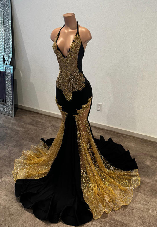 Halter V-Neck Beaded Gold Black Mermaid Sparkly Prom Dress for Black Girls