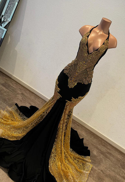 Halter V-Neck Beaded Gold Black Mermaid Sparkly Prom Dress for Black Girls