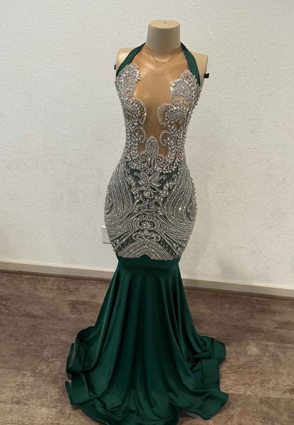 Halter V-Neck Beaded Pleatedd Mermaid Prom Dress for Black Girls