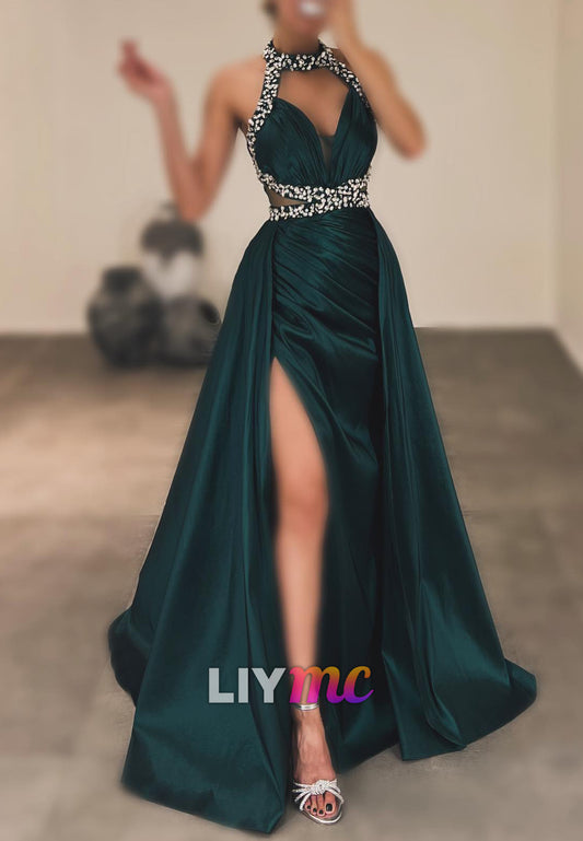 Halter V-Neck Beaded Side Slit Sheath Evening Dress