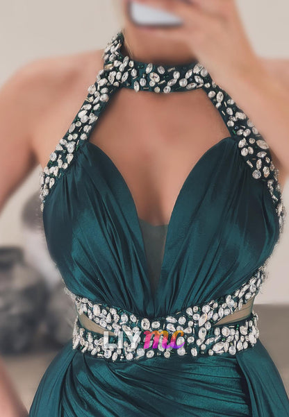 Halter V-Neck Beaded Side Slit Sheath Evening Dress
