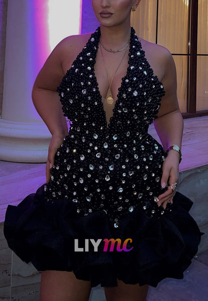Halter V-Neck Beaded Sparkly A-Line Party Homecoming Dress