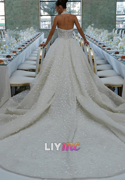 Halter V-Neck Floral Appliques A-Line Wedding Dress