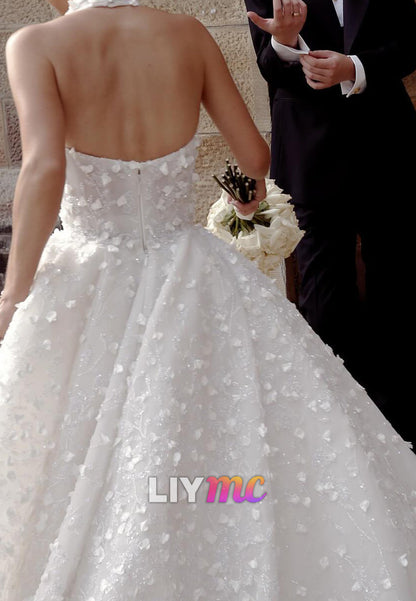 Halter V-Neck Floral Appliques A-Line Wedding Dress