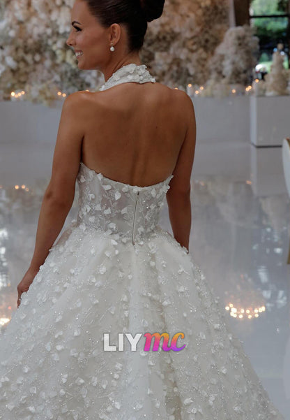 Halter V-Neck Floral Appliques A-Line Wedding Dress