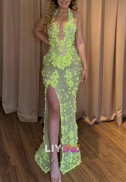 Halter V-Neck Floral Embellished Mermaid Prom Dress