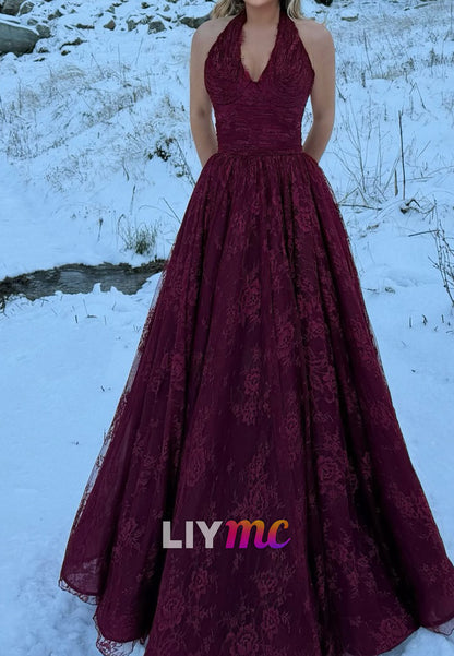 Halter V-Neck Lace Appliques A-Line Prom Dress
