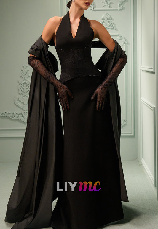 Halter V-Neck Mermaid Black Evening Dress