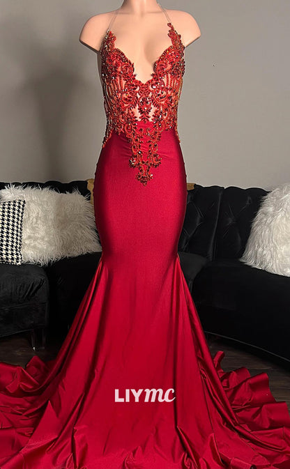 LP1423 - Halter V-Neck Open Back Appliques Beaded Pleated Satin Mermaid Prom Dress for Black Girls Slay