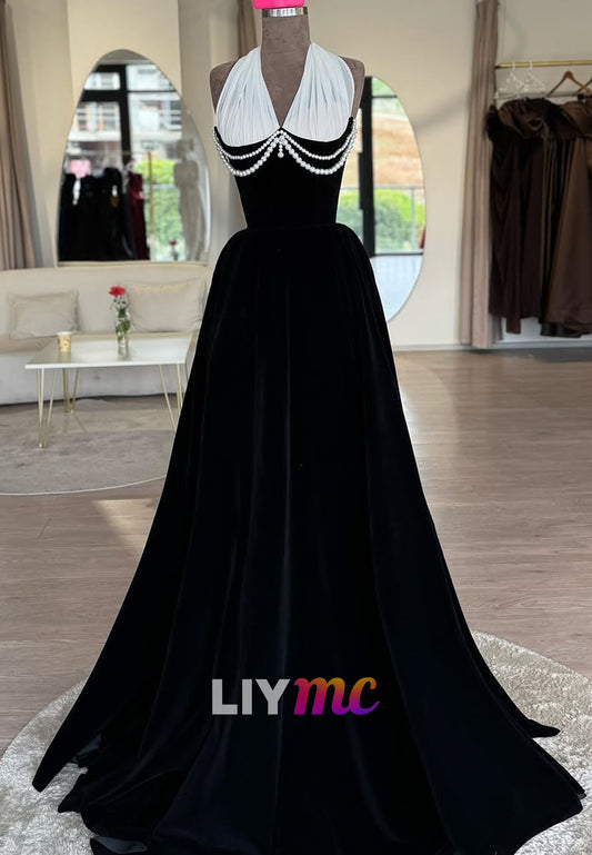 Halter V-Neck Pearl Sleeveless Velvet A-Line Formal Dress