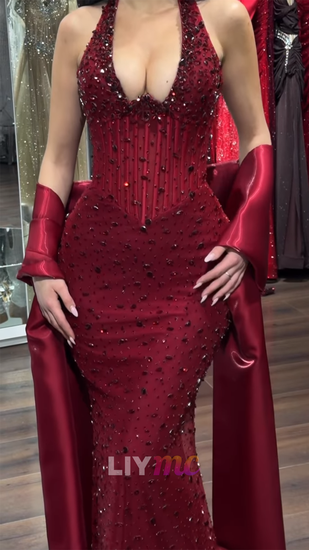 Halter V-Neck Rhinestons Sparkly Mermaid Prom Dress