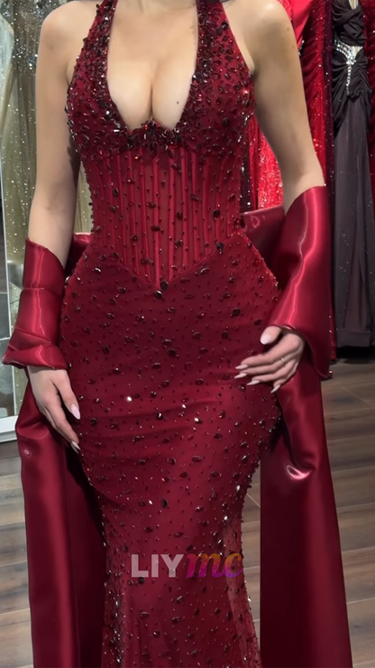 Halter V-Neck Rhinestons Sparkly Mermaid Prom Dress