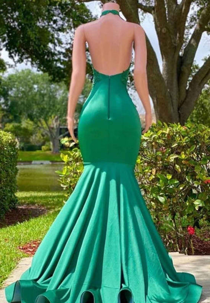 Halter V-Neck Sleeveless Appliques Pleated Mermaid Prom Dress for Black Girls