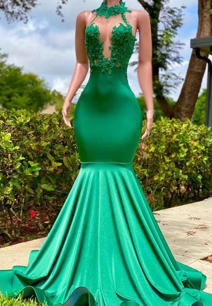 Halter V-Neck Sleeveless Appliques Pleated Mermaid Prom Dress for Black Girls