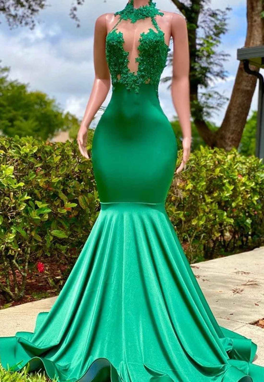 Halter V-Neck Sleeveless Appliques Pleated Mermaid Prom Dress for Black Girls