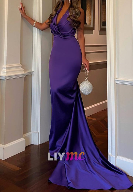 Halter V-Neck Sleeveless Empire Waist Mermaid Evening Dress