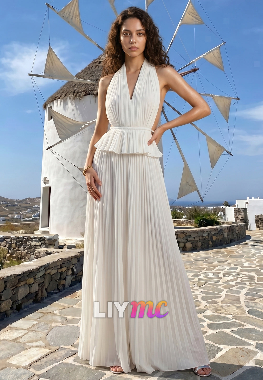 Halter V-Neck Sleeveless Pleated A-Line Beach Wedding Dress