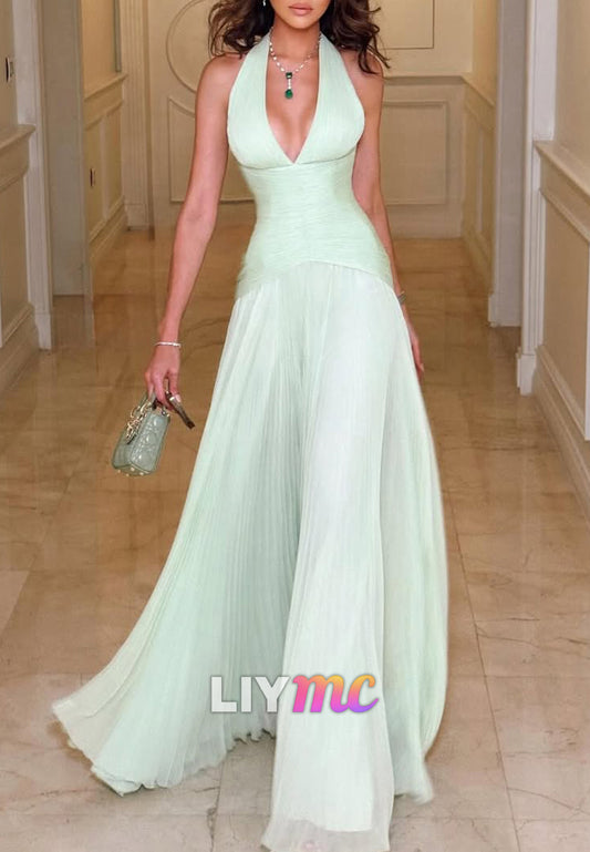 Halter V-Neck Sleeveless Pleated A-Line Evening Dress