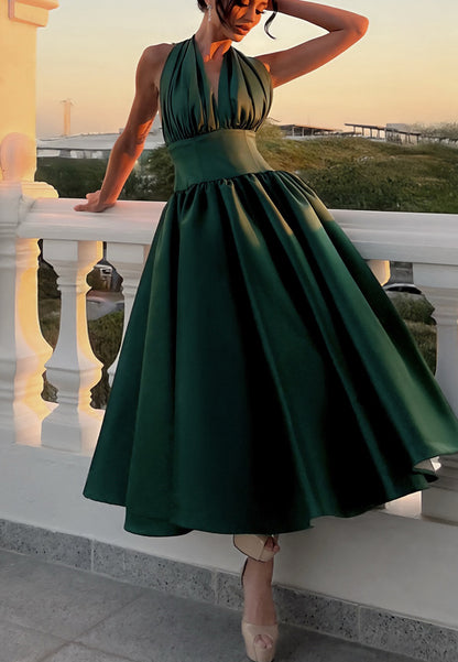 Halter V-Neck Sleeveless Pleated A-Line Evening Dress