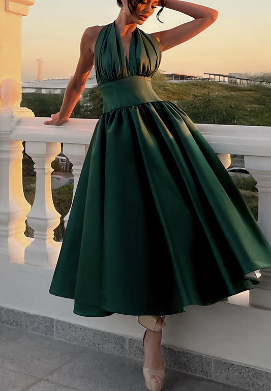 Halter V-Neck Sleeveless Pleated A-Line Evening Dress