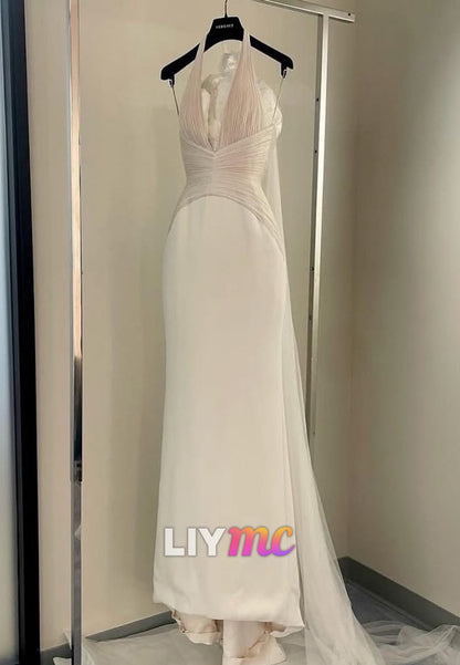 Halter V-Neck Sleeveless Pleated Sleek Mermaid Evening Dress