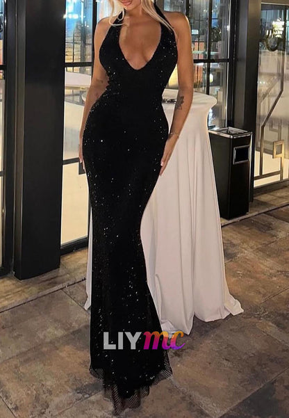 Halter V-Neck Sleeveless Sparkly Mermaid Formal Dress
