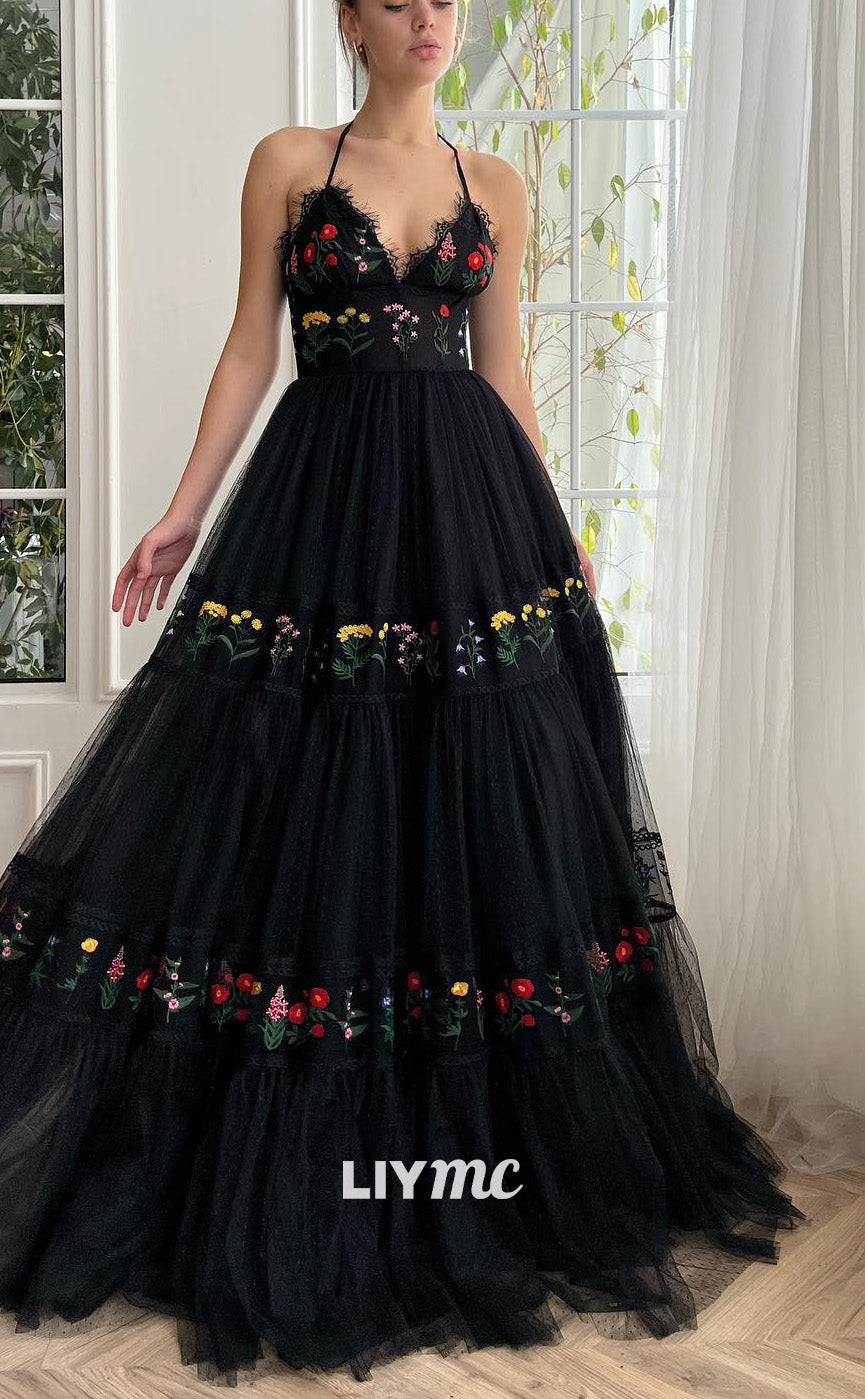 LP2194 - Halter V-Neck Sleeveless Tulle A-Line Ball Gown Prom Dress