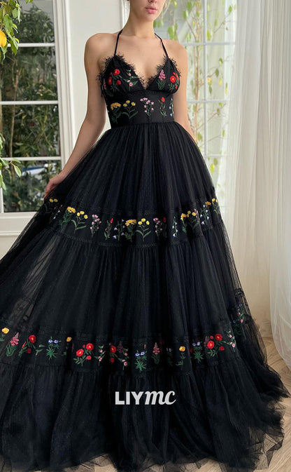 LP2194 - Halter V-Neck Sleeveless Tulle A-Line Ball Gown Prom Dress