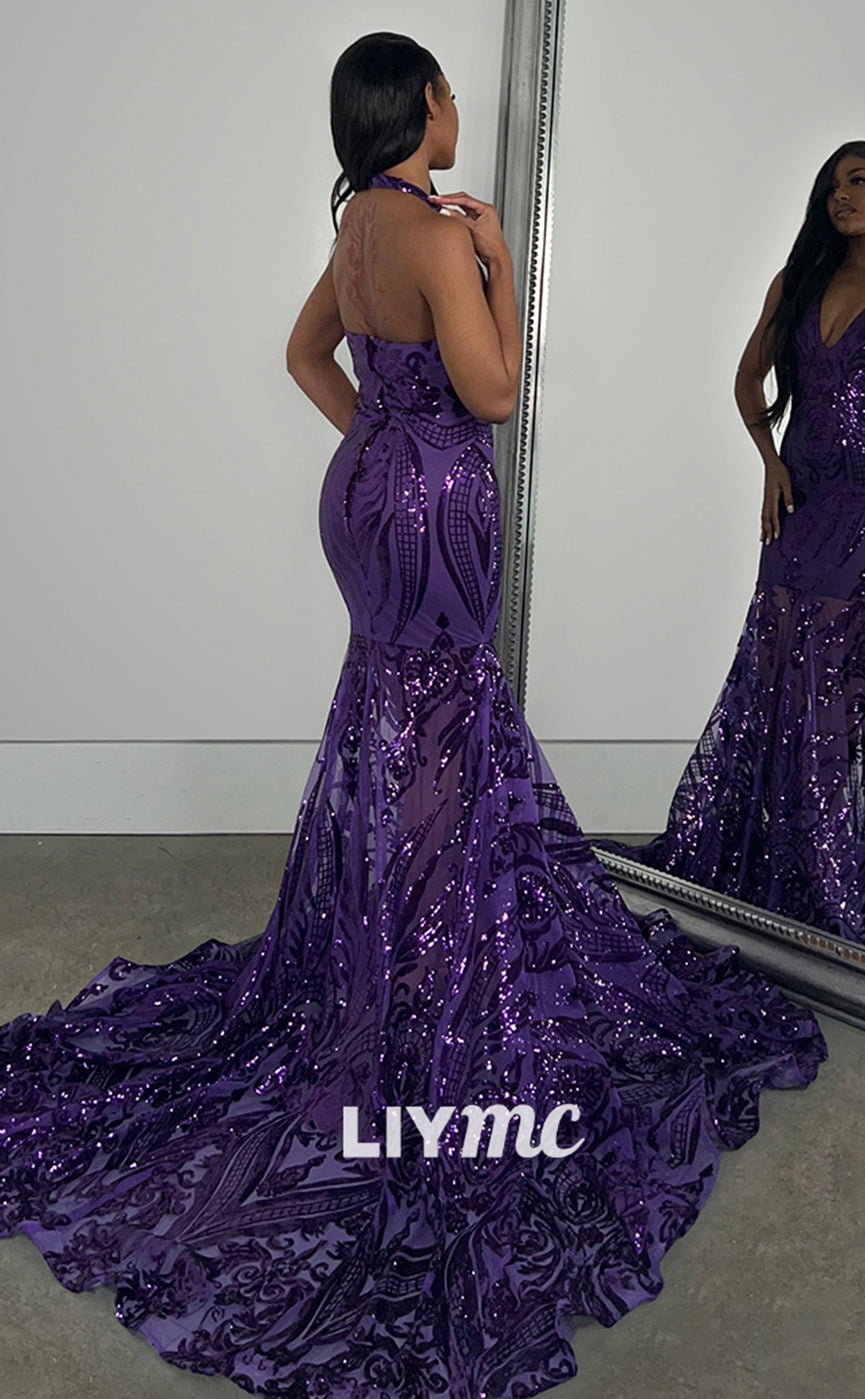 LP1273 - Halter V-Neck Sparkly Sequins Mermaid Sexy Prom Dresses for Black Girls Classy