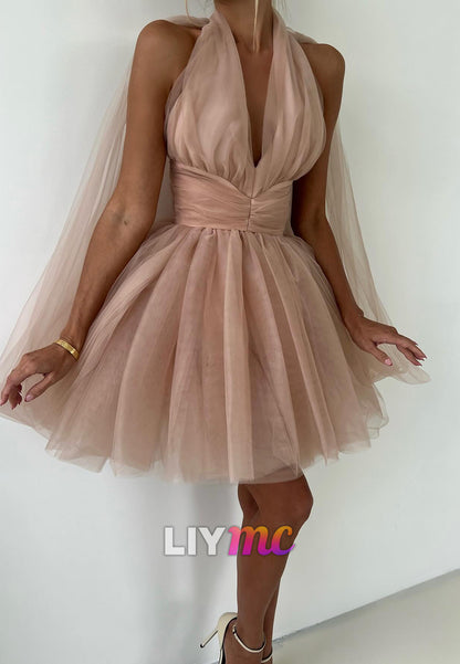 Halter V-Neck Tulle A-Line Party Homecoming Dress
