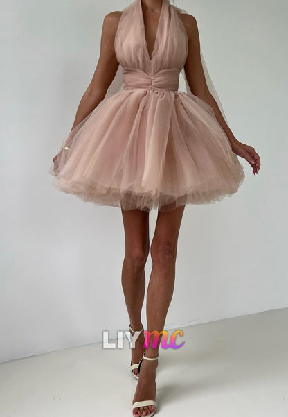 Halter V-Neck Tulle A-Line Party Homecoming Dress