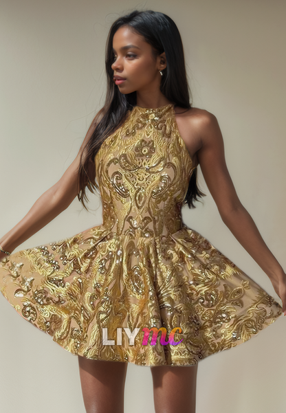 Halter Sleeveless Appliques Pleated A-Line Short Homecoming Dress