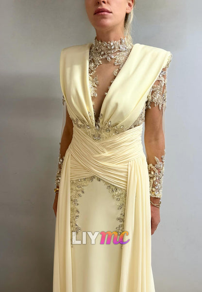 High Neck Appliques Evening Dress Long Sleeves A-Line Mother of Bride Dress