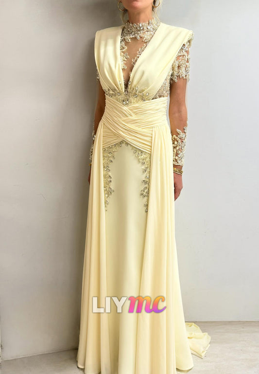 High Neck Appliques Evening Dress Long Sleeves A-Line Mother of Bride Dress