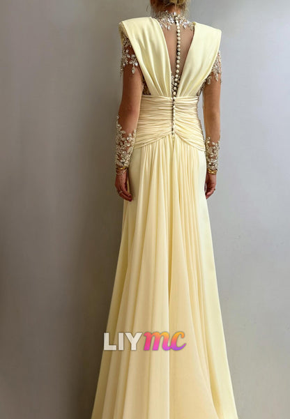 High Neck Appliques Evening Dress Long Sleeves A-Line Mother of Bride Dress