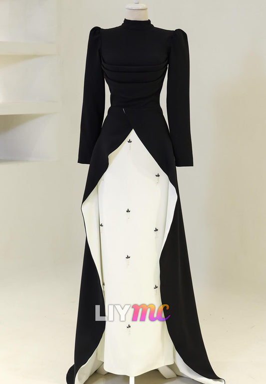 High Neck Beaded Black White Ruffled Sheath Evening Dress
