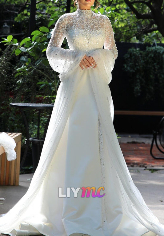 High Neck Beaded Embroidery Long Sleeves A-Line Wedding Dress