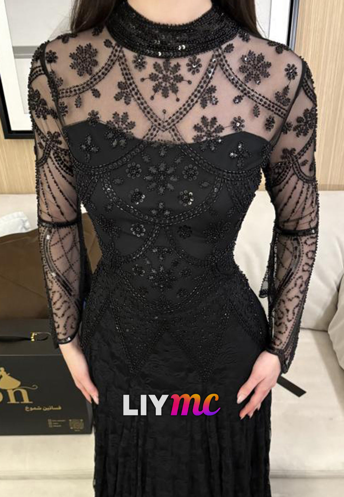 High Neck Beaded Long Sleeves Mermaid Evening Dress