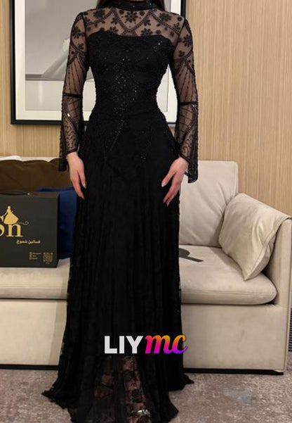 High Neck Beaded Long Sleeves Mermaid Evening Dress